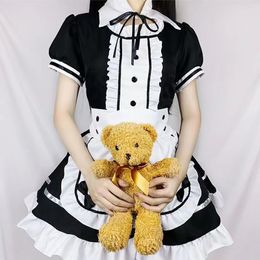 2023 Sexy Lingerie Lolita Maid Cosplay Costume Women Headwear Apron Fake Collar Bowknot Black Dress Halloween Party Outfit
