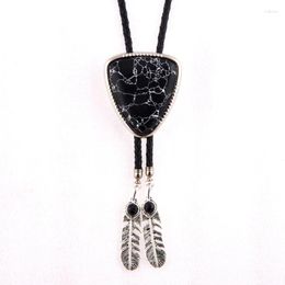 Bow Ties KDG Bolo Tie Black Howlite Triangle Natural Stone Texture Alloy Feather Leather