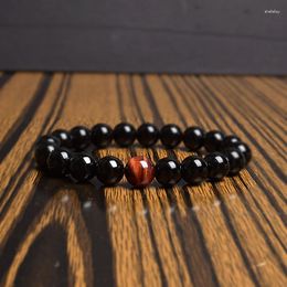 Strand Natural Black Agates With Single Red Tiger Eye Stone Bead Bracelet For Men Gifts 6 8 10 12 MM Round Onyx Elastic Rope Bracelets