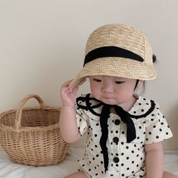 Caps Hats Kids Straw Hat Girsl Boys Big Brim Kids Sun Hat Baby Summer Hat With Black Ribbon Baby Basketball Cap Children Beach Cap 230717