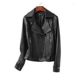 Women's Leather Genuine Jacket Short Suit Collar Locomotive Sheepskin Black Loose Fitting Small For Spring