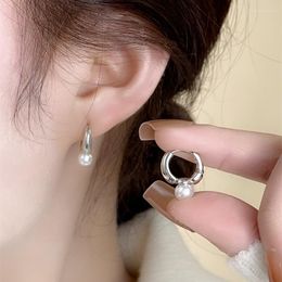 Hoop Earrings VOQ Silver Colour Trend Korean Style Simple Pearl Ear Clasp For Women Fine Elegance Jewellery Gifts