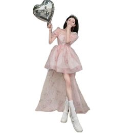 Women's short puff sleeve pink print flower gauze fabric high waist princess style ball gown dress