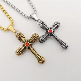 Red Rhinestones Vintage Silver Color Stainless Steel Curved Cross Pendant Necklace Jewelry Mens Fashion Gift338A