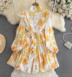 Casual Dresses Women Runway Vintage Print Stand Collar Lantern Sleeve Hollow Out Trims Belt Lace Up Mini Dress Female Autumn Clothing N1984