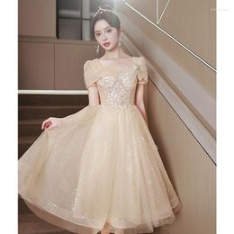 Party Dresses Sparkly Princess Champagne Prom Lace Appliques Length Evening Dress With Short Sleeve Vestidos De Fiesta