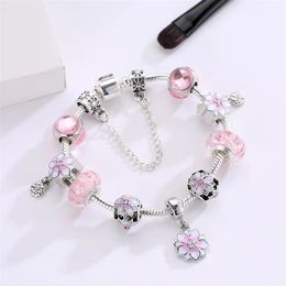 16 to 21CM pink oriental cherry charm bracelet 925 silver snake chain flower beads fit DIY Wedding Jewellery Accessories for new yea224l
