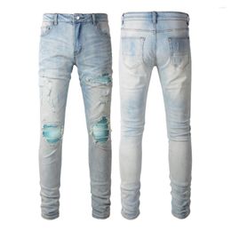 Men's Jeans High Street Light Blue Ripped Men Slim Fit Elastic Perforated Skinny Steetwear Male Fashion Full Length Denim Pants