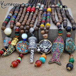 whole Yumfeel Handmade Nepal Jewelry Buddhist Mala Wood Beads Pendant Necklace Ethnic Horn Fish Long Statement Necklace For Wo234S