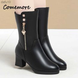 Comemore Winter Padded Shoes Furry Women Leather Long Boot Large Size 41 42 43 Warm Female High-heel Fur High Knee Riding Boots L230704