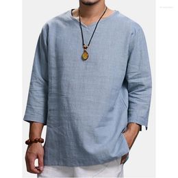 Men's Casual Shirts Cotton Solid Colour Pullover Shirt Autumn Three Quarter Sleeve For Men Camisa Hombre