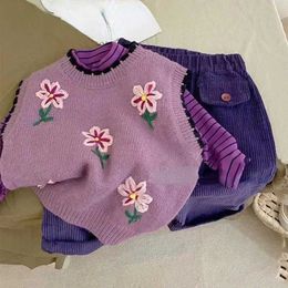 Clothing Sets Autumn Sweet Girls Clothing Sets Kids Clothes Long Sleeve Striped Shirts Floral Knit Vest 2pcs Sets Children Clothing