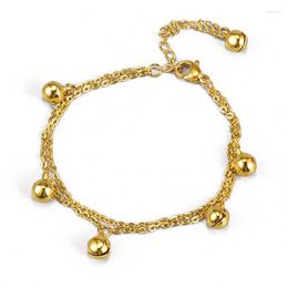 Link Bracelets 5 Bells Bracelet For Women Girls 2-layer Gold Color Stainless Steel Accessory Chain Charms Jewelry Gift Wholesale(GB801)