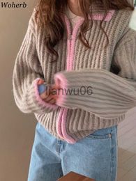 Women's Sweaters Woherb Sweaters Zipper Women Tops Vintage Contrast Colour Thick Loose Cardigan Korean Fashion All Match Autumn Winter Pull Femme J230718