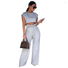 Women's Two Piece Pants 2023 Casual Outfits Set O Neck Sleeve Crop Top Ruffles Wide Leg Suits Matching Sets Sexy 2 Pieces Women Club