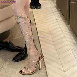 Sandals Binding One-word Tape Long Barrel Sandal Thin High Heel Square Toe 2023 Summer Fashion Sexy Shoes Party Stilettos