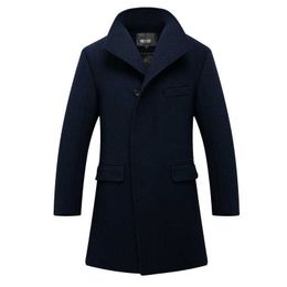 Men's Wool Blends Mens Overcoat Long Thick Wool Coat Slim Fit Stand Collar Blue Woollen Coat Winter Casual Streetwear Men Blend Coat Plus Size 3xl HKD230718