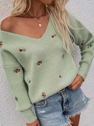 Women's Sweaters Fitshinling Embroidery V Neck Jumper Women Winter Fashion Slim Long Sleeve Sweaters And Pullovers Knitwear Boho Basic Pull Femme L230718