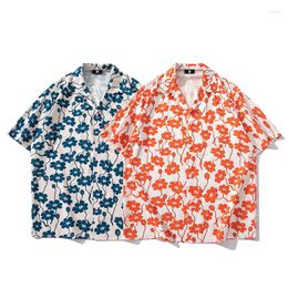 Men's Casual Shirts Summer Fashion Flower Print Short Sleeve Hawaii Beach Holiday Shirt Couple Style Soft Thin Vintage Loose Blouse Top