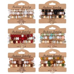 3pcs Tree of Life Boho Bracelet Set Women's Multicolor Crystal Stone Beaded Bracelets Handmade Elastic Rope Lady Jewellery Gift