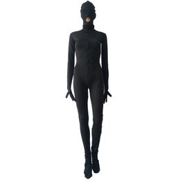 Halloween cosplay Front 3-way zipper Unitard Catsuit Spandex Zentai Bodysuit Costume removable mask open eyes with mesh and mouth