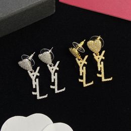 Women Designer Stud Earrings Luxury Small Heart Full Diamonds Letter Pendant Trendy Brass Engagement Earring Wholesale