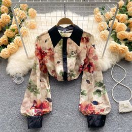 Women's Blouses Fashion Print Shirt Or Women Long Sleeve Turn Down Collar Korean Blouse Laides Vintage Button Up Casual Top