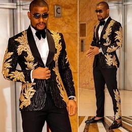 Men's Suits & Blazers 2 Pieces Slim Fit Shiny Sequins Gold Applique Prom Tuxedos Grooms Jacket Wedding Party Set Blazer Pant269A