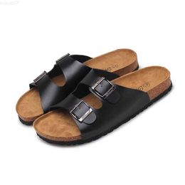 Slippers 2021 New Men's Leather Mule Clogs Slippers High Quality Soft Cork Two Buckle Slides Footwear for Men Women Unisex L230718