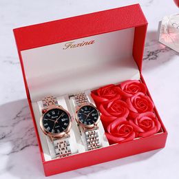 Wristwatches Luxury Stylish Couple Watches For Women Men Fashion Wrist Watch Rose Flower Wristwatch Set Lover Wedding Valentine's Day Gift
