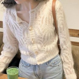 Women's Knits Cropped Cardigan Women Hollow Out Elegant Tender French Style Romantic Girlish Aesthetic Mujer Sweater White Young Holiday