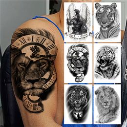 Compass Lion Temporary Tattoo For Men Women Kids Boys Girls Tiger Animal Tattoo Sticker Black Fake Warrior Wings Tatoos Paper