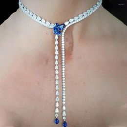 Chains XSBODY Zircon Tassel Blue Necklace For Women Y2k Boho Collar Neck Fashion 2023 Bride Y Shape Long Jewellery Party Gifts