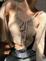 Women's Knits 2colors Korean Style Women Spring Autumn 2pcs Set Short Cardigan Sweater Coat Knitted Tank Top Female Clothing Sets(c3861