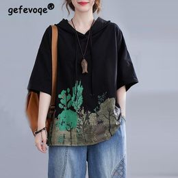 Women's T-Shirt Women's Ink Print Vintage Streetwear Harajuku Oversized Y2K Hooded T Shirts Summer Casual Short Sleeve Drawstring Pullover Tops 230717