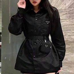 Spring women's triangle label lapel black shirt jacket, nylon recycled fabric, lace-up waist slimming, stylish women's trench jacket jacket.