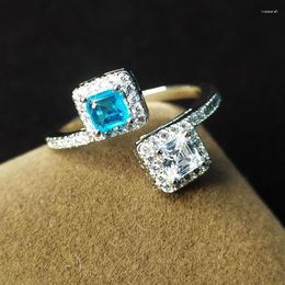 Cluster Rings Original Design S925 Silver With Two-tone Square Diamonds Women's Engagement Ring Emerald Topaz Adjustable Luxury Jewellery