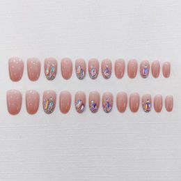 False Nails 24pcs Press On Aurora Wearable Medium Long Pink Rhinestones Fake