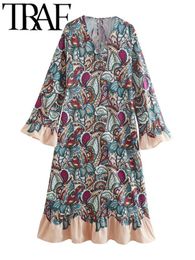 Basic Casual Dresses TRAF Summer Women Robe Dress Traf Vintage Print Patchwork V Neck Bow Tied Ruffles Hem Fare Sleeve Female MidiDresses 230718