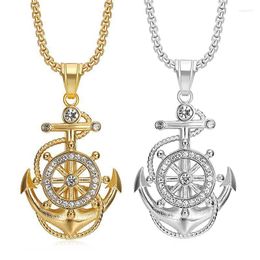 Pendant Necklaces Hip Hop Rhinestones Paved Bling Iced Out Gold Colour Stainless Steel Anchor Rudder Pendants Necklace For Men Jewellery Gift