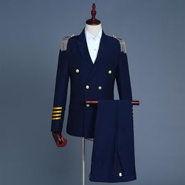 ship mens badge captain uniform cosplay stage performance suit jacket with pants navy white290g