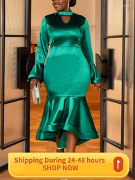 Casual Dresses AOMEI Women Shiny Mermaid Dress Green Satin V Neck Cut Out Long Flare Sleeve Bodycon Irregular Ruffle Event Cocktail Party