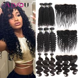 Unprocessed Brazilian Virgin Human Hair Weave 3 Bundles with Lace Frontal Deep Body Wave Kinky Curly Hair Extensions Frontal Weave246Y