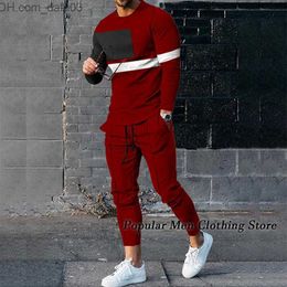 Men's Sleepwear Spring men's track suit 3D printing solid jogging Sportswear casual long sleeved T-shirt+trousers suit men's clothing Z230719