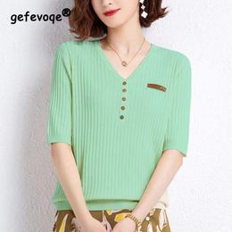 Women s T Shirt Plus Size Solid Colour Casual Clothing Summer Loose Comfortable Pullovers Top V neck Button Knitting T shirt 230719