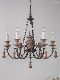 Chandeliers American Retro Rustic Chain Pendant Chandelier Led Light For Restaurant 6 Heads Solid Wood Art Design Study Bedroom Indoor Lamp