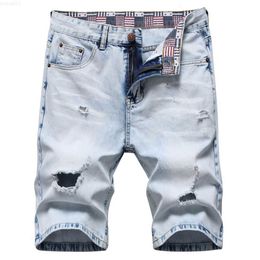 Men's Shorts Men's Summer Light Blue Holes Ripped Denim Shorts Casual Distressed Jeans Bermuda Breeches L230719