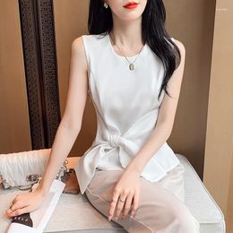 Women's Blouses Casual Short Sleeve Bow Blouse Sweet Clothes Summer O-neck Slim Sleeveless White Shirt Elegant Breathable Chiffon Tank Top