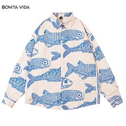 Mens Casual Shirts Large long sleeved mens Y2K street clothing Japanese style Harajuku fish koi car print graphic vintage shirt Womens 230718