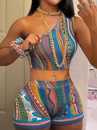 Women's Tracksuits Pulkritu Striped Paisley Print Set One Shoulder Tank Top And Shorts Summer Fashion Two 2 Piece Outfits Tracksuit